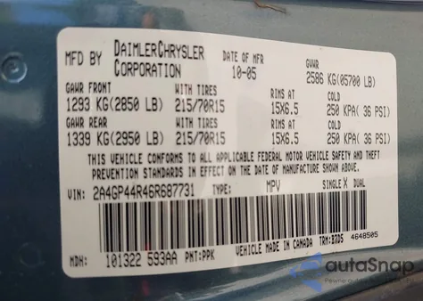 2006 Chrysler Town & Country Lx из США, поврежденный, VIN 2A4GP44R46R687731